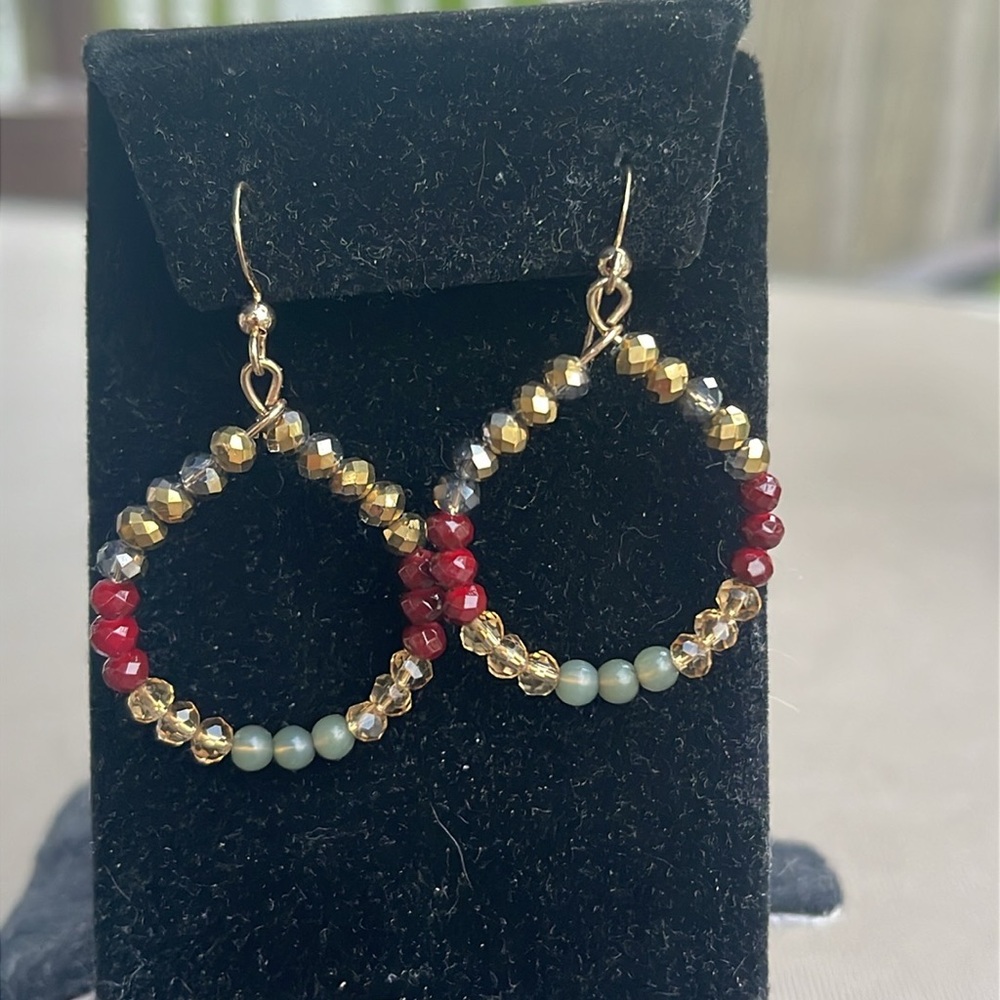 Elegant Gold and Red Beaded Hoop Wired Earrings